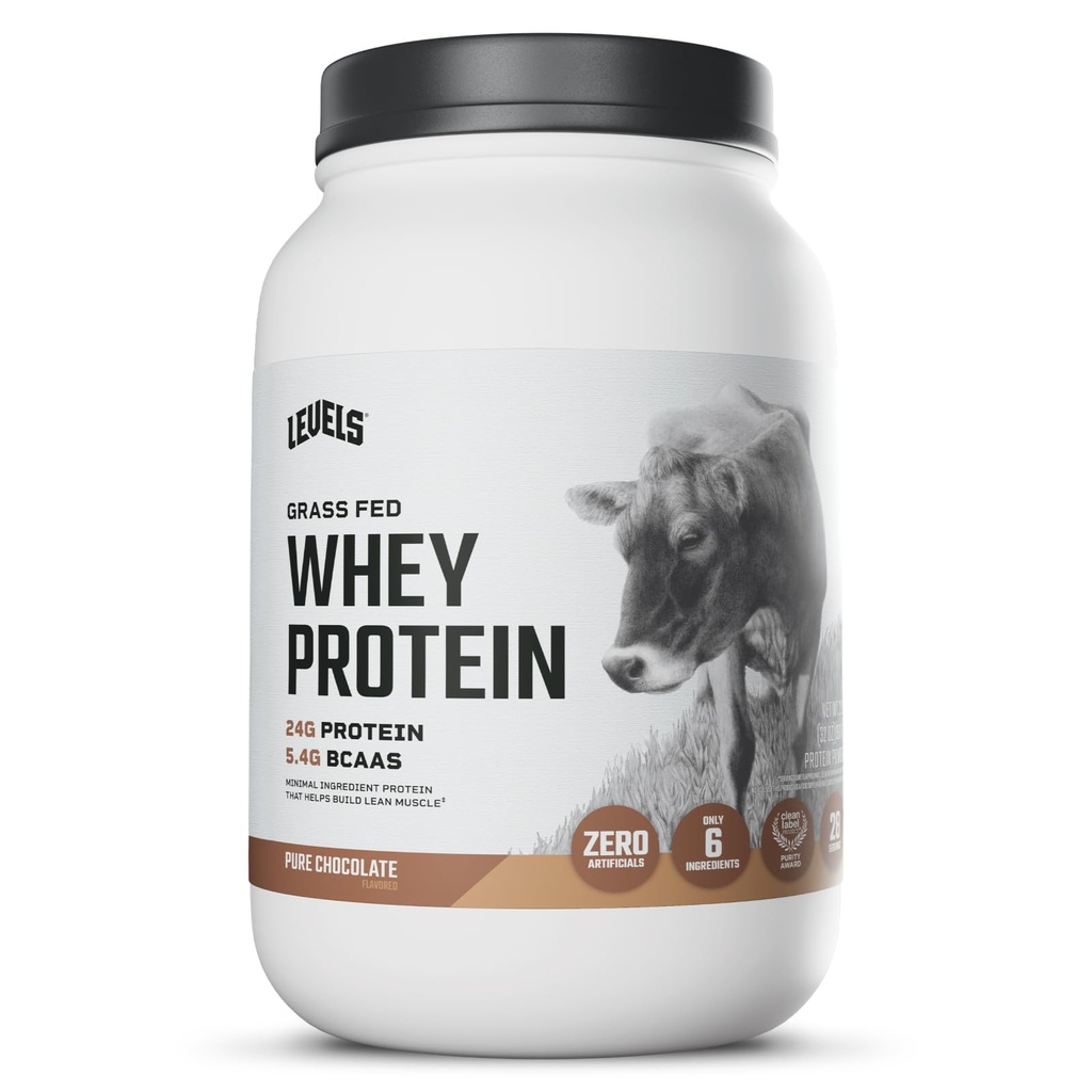Niveauer Græs Fed Whey Protein Powder, Ingen artificials, 24G Protein, Pure Chocolate, 2LB