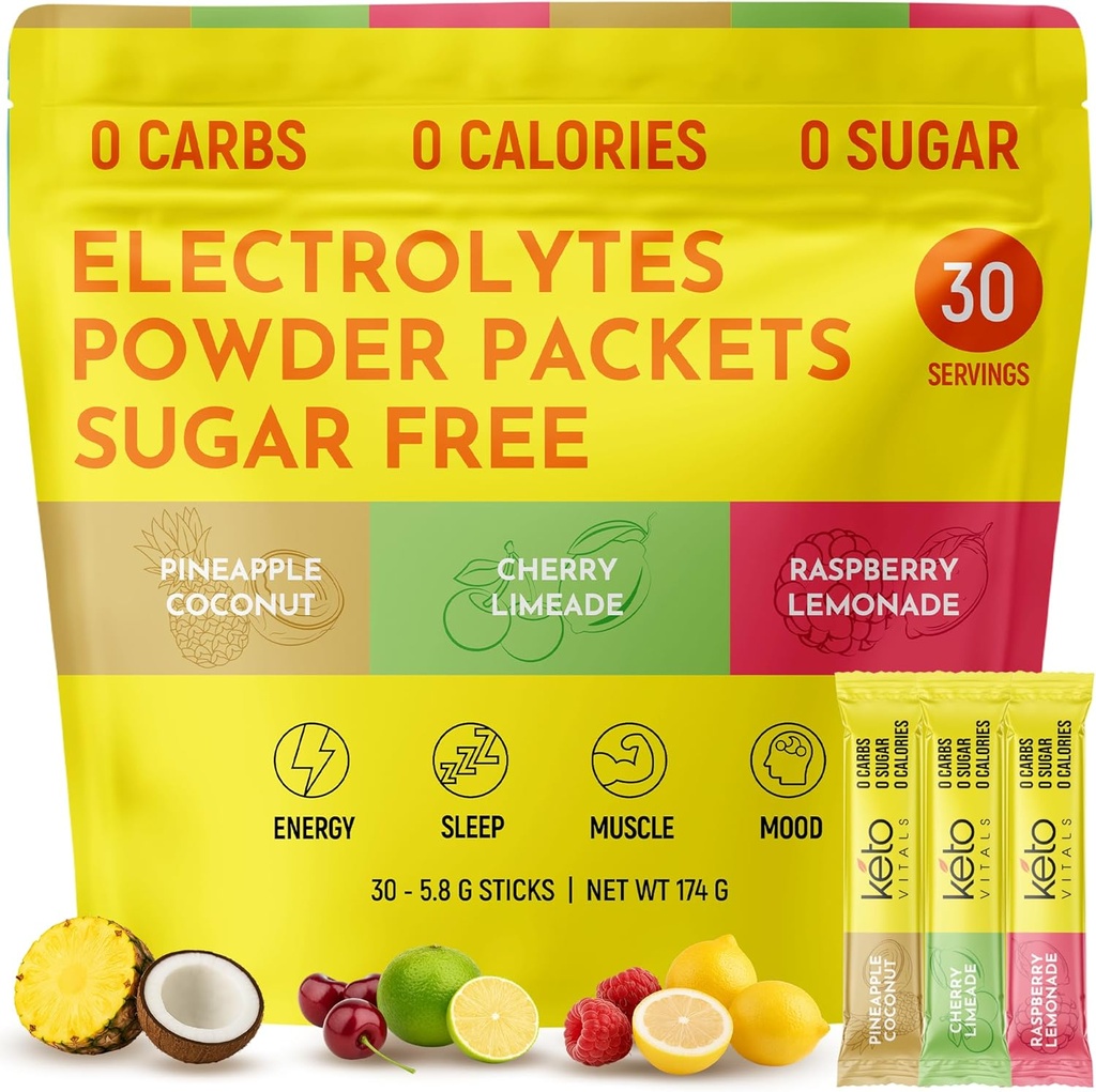 Keto Vitals Tropical Keto Electrolytes Powder No Sugar - Electrolytes with Kalium, Magnesium, Natrium, & Calcium - Sugar Free Electrolyte Powder Pacets Drink Mix & Hydration Powder, 30 Servering
