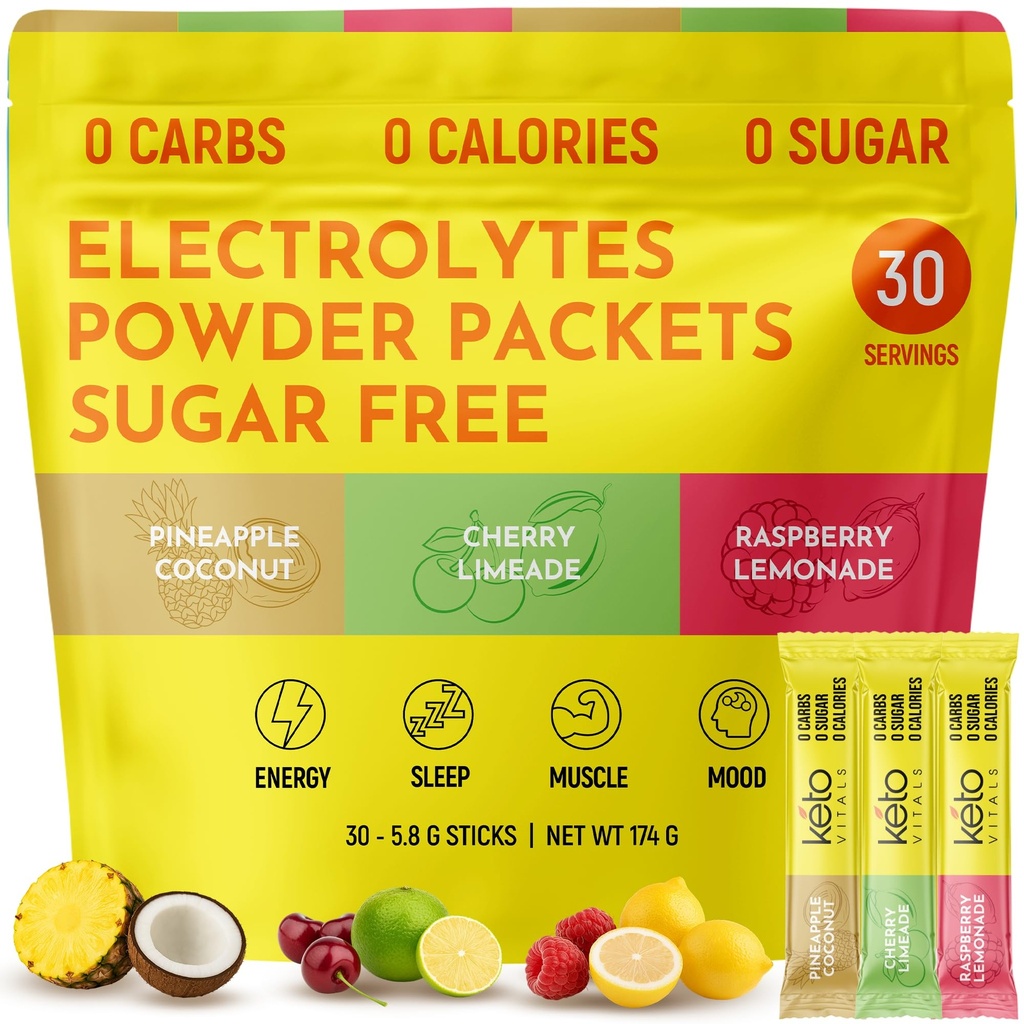Keto Vitals Tropical Keto Electrolytes Powder No Sugar - Electrolytes with Kalium, Magnesium, Natrium, & Calcium - Sugar Free Electrolyte Powder Pacets Drink Mix & Hydration Powder, 30 Servering