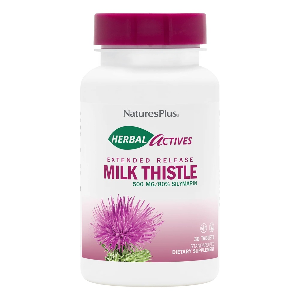 Natures Plus Herbal Actives Milk Thistle, Extended Release - 500mg, 80% Silymarin, 30 vegetariske tabletter - Gluten- Free - 30 Serveringer