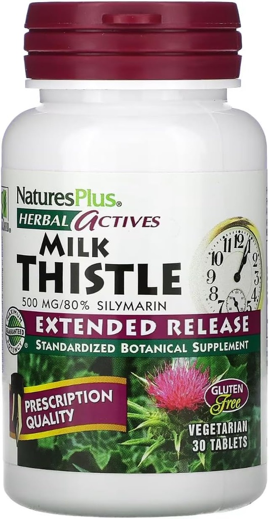 Natures Plus Herbal Actives Milk Thistle, Extended Release - 500mg, 80% Silymarin, 30 vegetariske tabletter - Gluten- Free - 30 Serveringer
