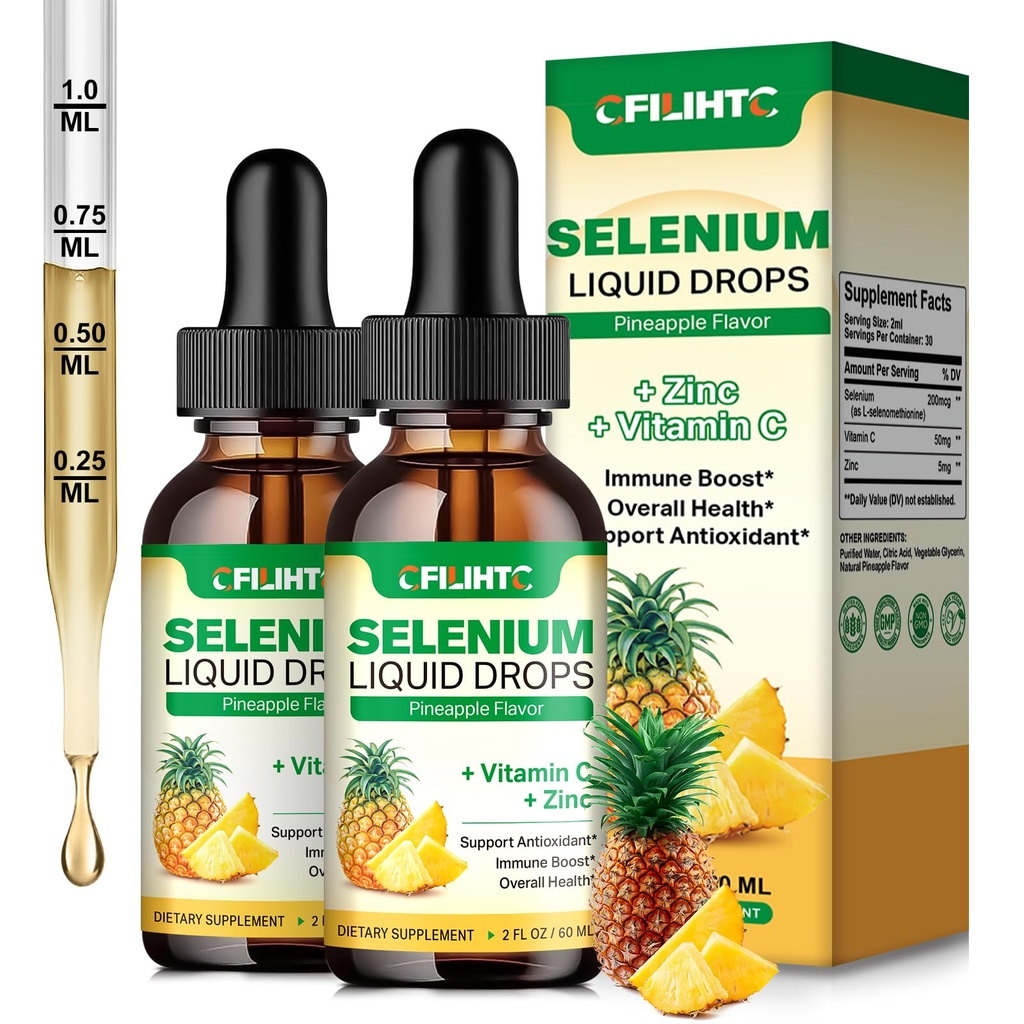 2 Pack Selenium Liquid Drops, 200mcg Liquid Selenium Supplement med C-vitamin & Zink, Support for Immunsystem, Antioxidant & Heart Health, High Absorption, Ananaspartikler