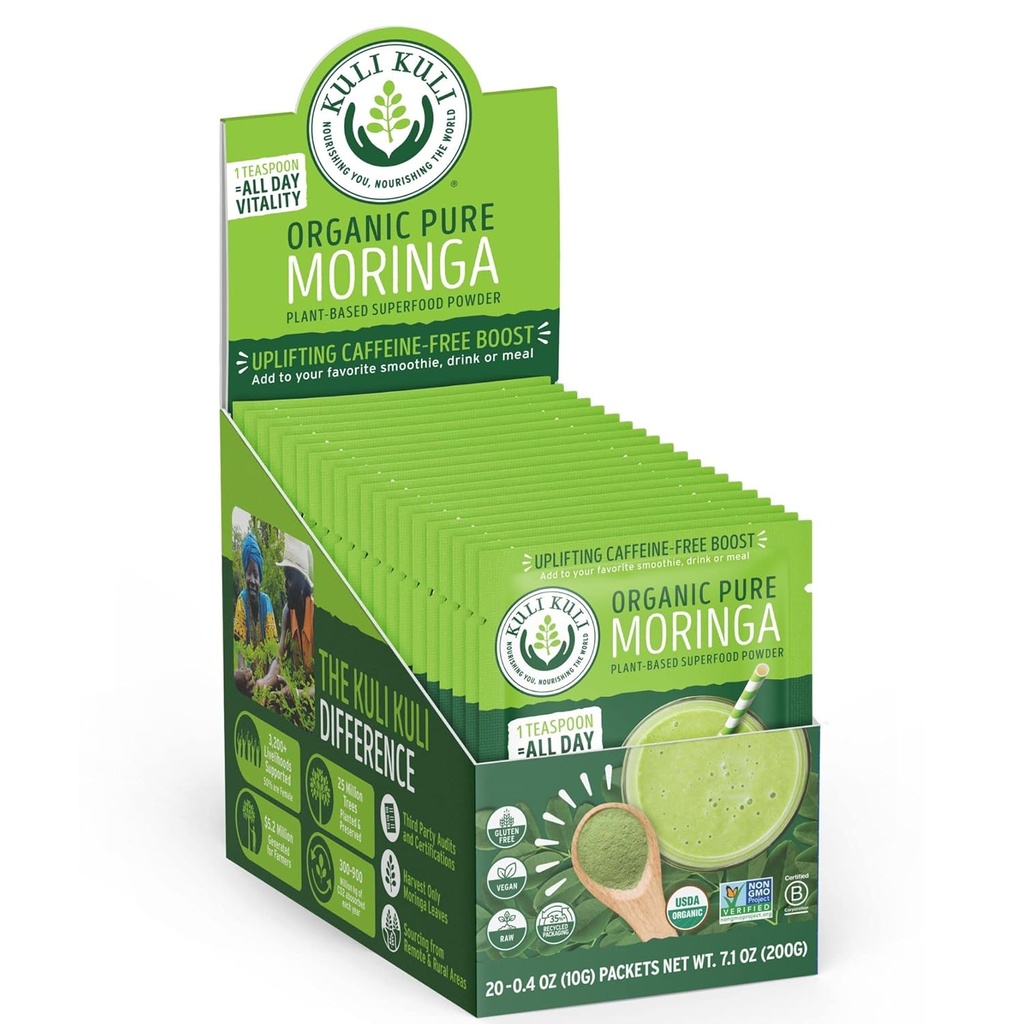 Kuli Kuli Moringa Oleifera Organic Leaf Powder & Green Smoothie, 100% Pure USDA Certified & Non-GMO Moringa Powder, Great with Smoothies, Tea, and Food, 0.4 Ounce, Pack of 20 (KK_PM)