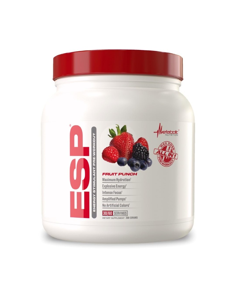 Metabolisk ernæring, ESP, Energi og Endurance Stimulerende Pre Workout, Pre Intra Workout, Høj Energi og Mental Fokus, Stimulerende Workout Supplement, Frugt Punch, 300 Bedste (90 Servere)