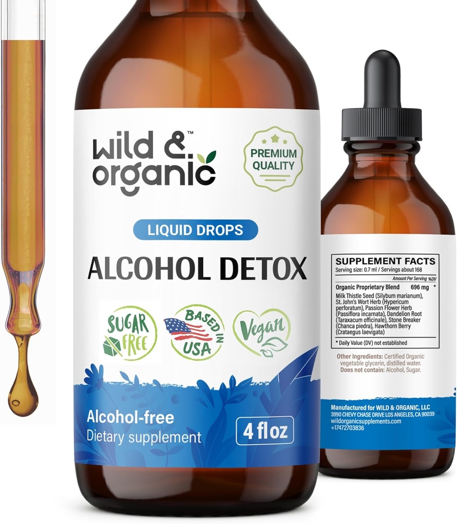 Wild & Organic Alkohol Detox Drops - Lever & Nyre Rengøring med mælk tidsel, Chanca Piedra Stone Breaker - Anti Alkohol Complex for lever Cleanse Detox - Vegan, Ingen Sukker & Tilsætningsstoffer - 4 fl oz