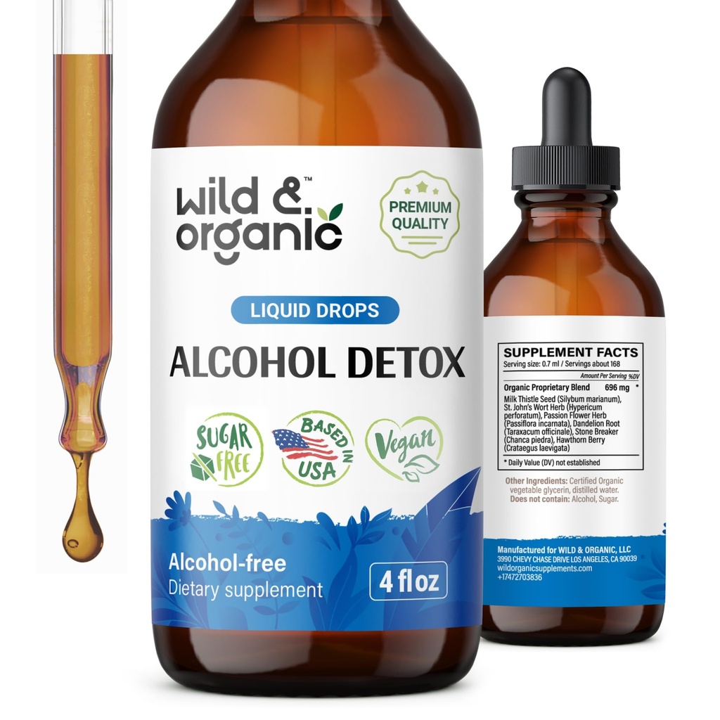 Wild & Organic Alkohol Detox Drops - Lever & Nyre Rengøring med mælk tidsel, Chanca Piedra Stone Breaker - Anti Alkohol Complex for lever Cleanse Detox - Vegan, Ingen Sukker & Tilsætningsstoffer - 4 fl oz