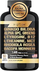 Ginkgo Biloba Alpha GPC Supplement med Panax Ginseng L Tyrosine med L Theanine, Bacopa monnieri, Rhodiola Rosea, Phosphatidylserin, B12, MCT, DMAE - Complex Medic124; Lavet i USA