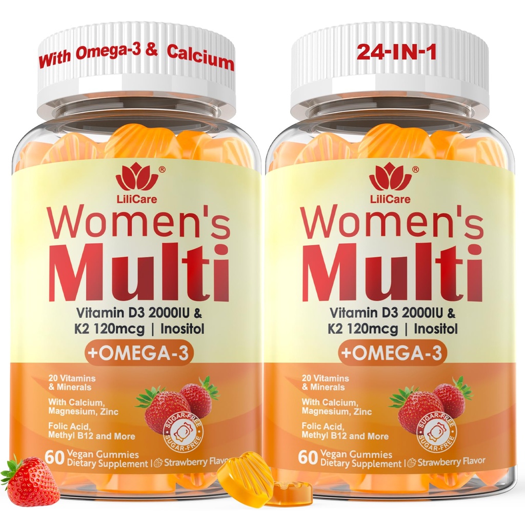 Dame Multivitamin Gummy med Omega 3 BuddHA / EPA), Vitamin D3 K2, Calcium, Inositol, Daily Dame Vitamin A C E B Complex, L- MethylFolate, Methyl B12, Sukker Free Methylerede Multivitaminer Mineraler, 120Cts