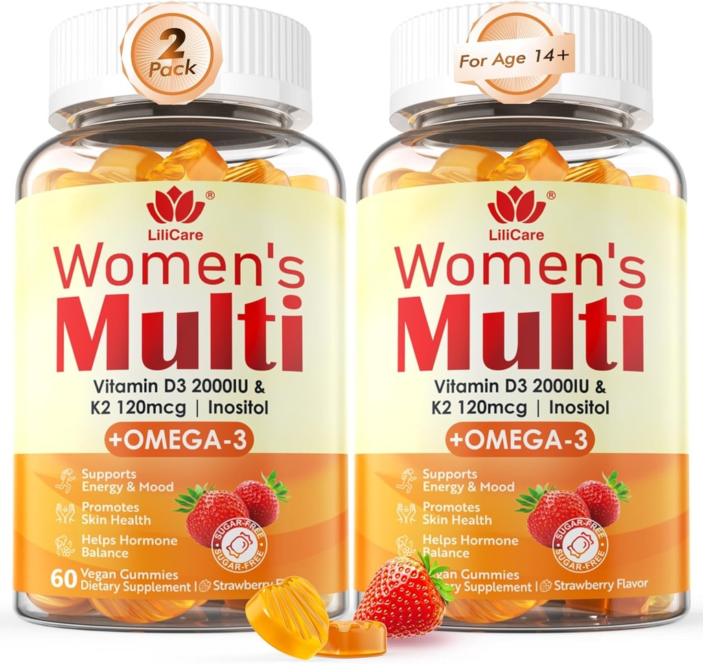 Dame Multivitamin Gummy med Omega 3 BuddHA / EPA), Vitamin D3 K2, Calcium, Inositol, Daily Dame Vitamin A C E B Complex, L- MethylFolate, Methyl B12, Sukker Free Methylerede Multivitaminer Mineraler, 120Cts
