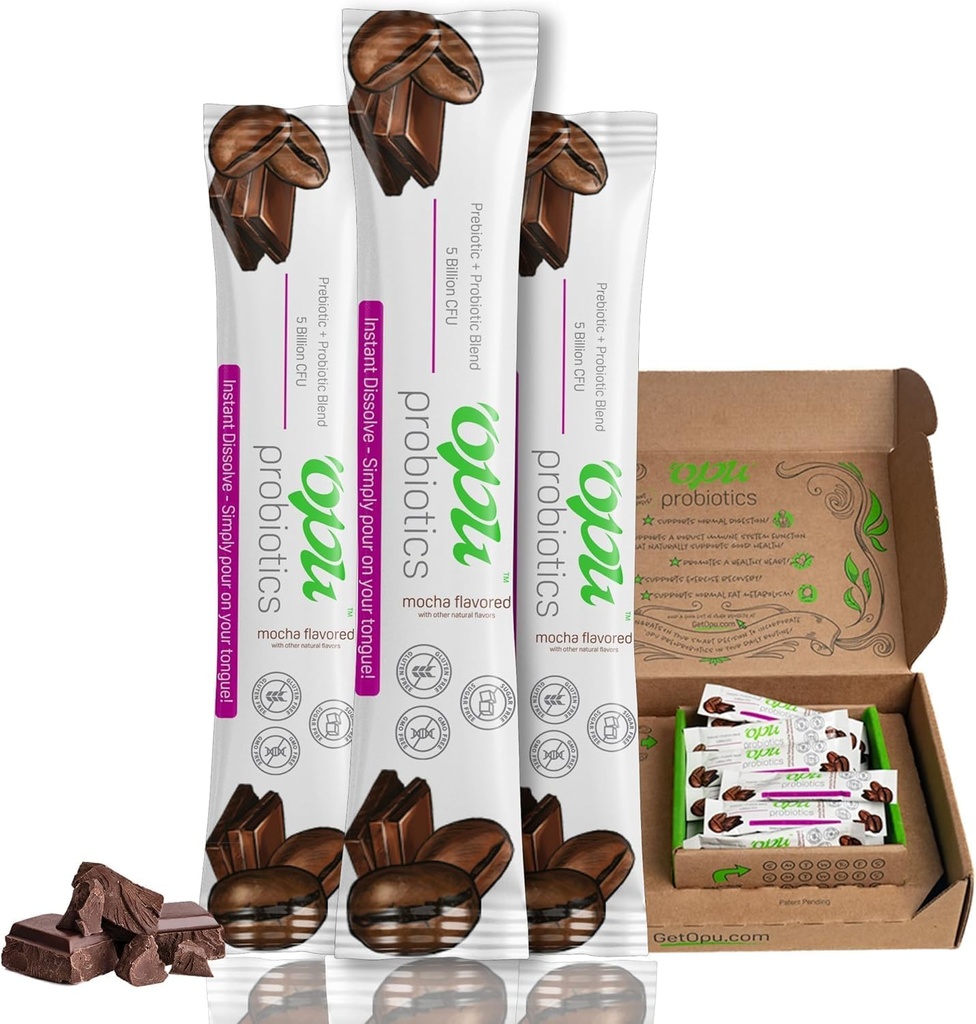 'Opu Probiotika Mocha Instant- Opløs - One Month Supply - 5 Millioner CFU' er - Mænd, Kvinder & Børn w / Prebiotika Sukker fri, Gluten fri, Ikke GMO