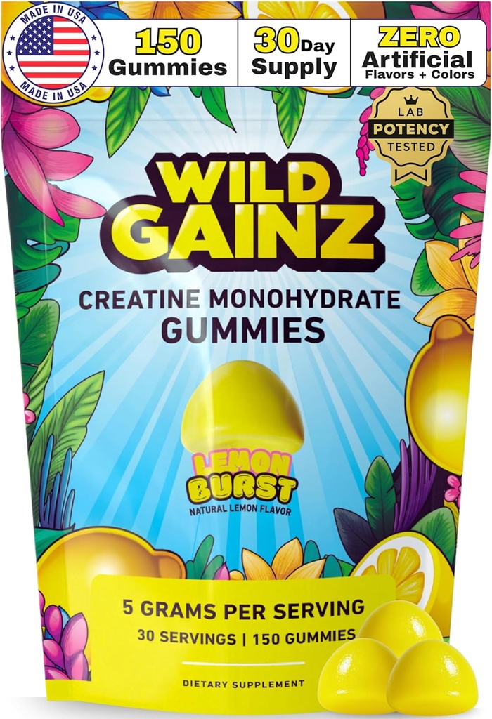 Creatin monohydrat gummier for mænd og kvinder 5000mg - Made in USA, Potency Testet, Vegan, Understøtter muskelvækst, Styrke & Kognitiv funktion, Non- GMO Gluten- Free Lemon Flavored Creatin 150 Tygge