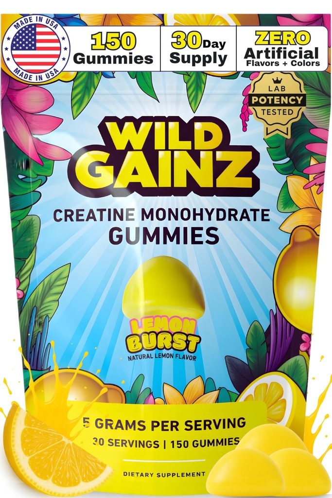 Creatin monohydrat gummier for mænd og kvinder 5000mg - Made in USA, Potency Testet, Vegan, Understøtter muskelvækst, Styrke & Kognitiv funktion, Non- GMO Gluten- Free Lemon Flavored Creatin 150 Tygge
