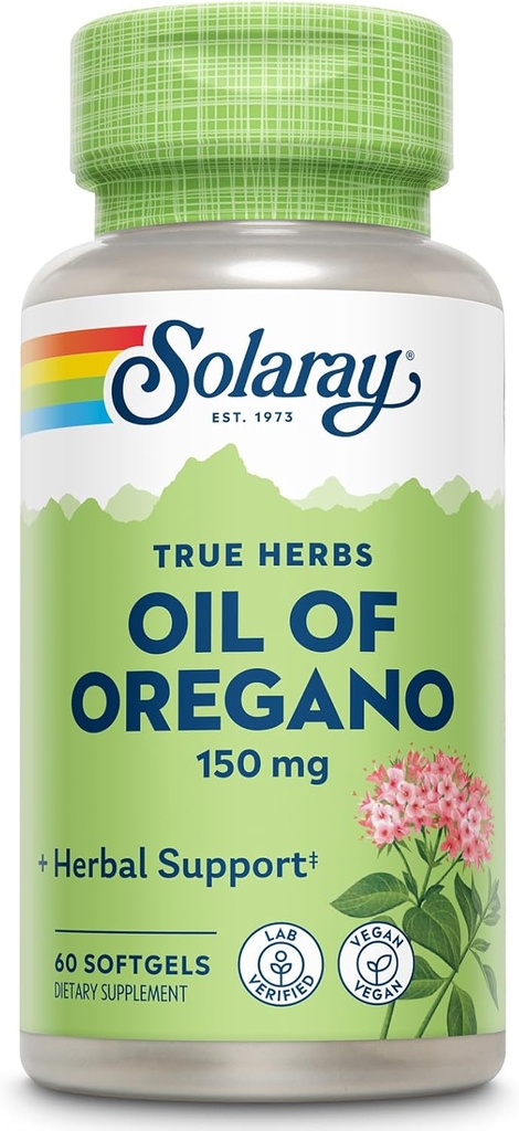 SOLARAY Oil of Oregano Softgels 150 mg - Oregano Oil supplement til kraftfuld wellness support - Gentle fordøjelse - Ekstra Virgin Olivenolie Base - Vegan, 60- dag garanti - 60 Servere, 60 Softgels