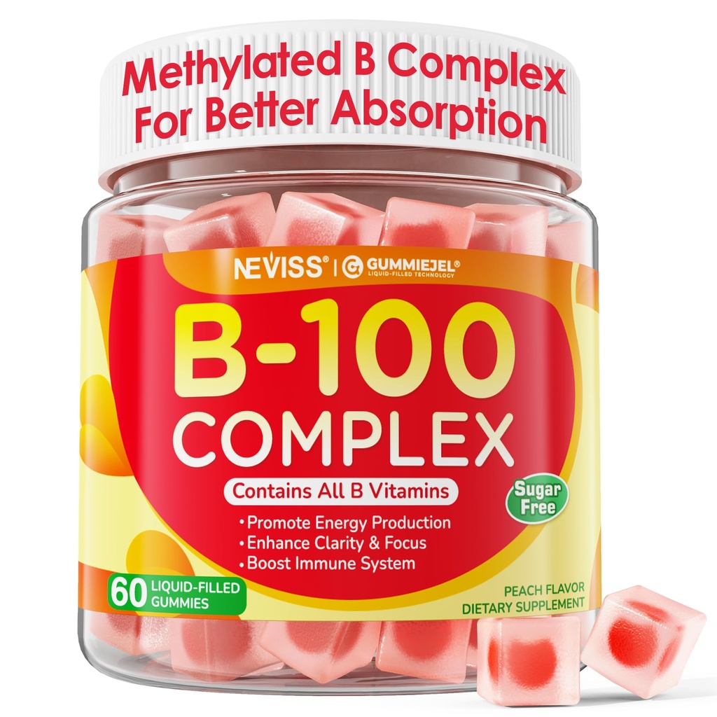 Super vitamin B Complex Gummies - alle B vitaminer herunder methyl B12, B1, B2, B3, B5, B6, biotin, methylfolat med C-vitamin, cholin, Inositol, PABA for energi, hjerne & immunforsvar, sukker fri