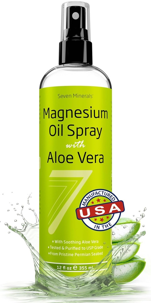 Syv Minerals Pure Magnesium Oil Spray med Aloe Vera 12oz - Pharmaceutical (USP) Grade, Højeste Styrke med Instant Relief for Feet, Sleep, Muskelsmerter & kramper - Mined i USA
