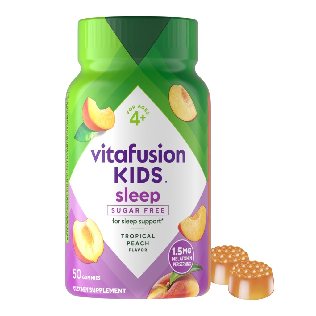 Viafusion Kids Melatonin Gummy Kosttilskud, Tropical Peach Flaved Sleep Support Kosttilskud (1), 50 Tæl