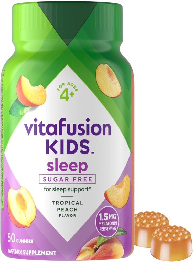 Viafusion Kids Melatonin Gummy Kosttilskud, Tropical Peach Flaved Sleep Support Kosttilskud (1), 50 Tæl