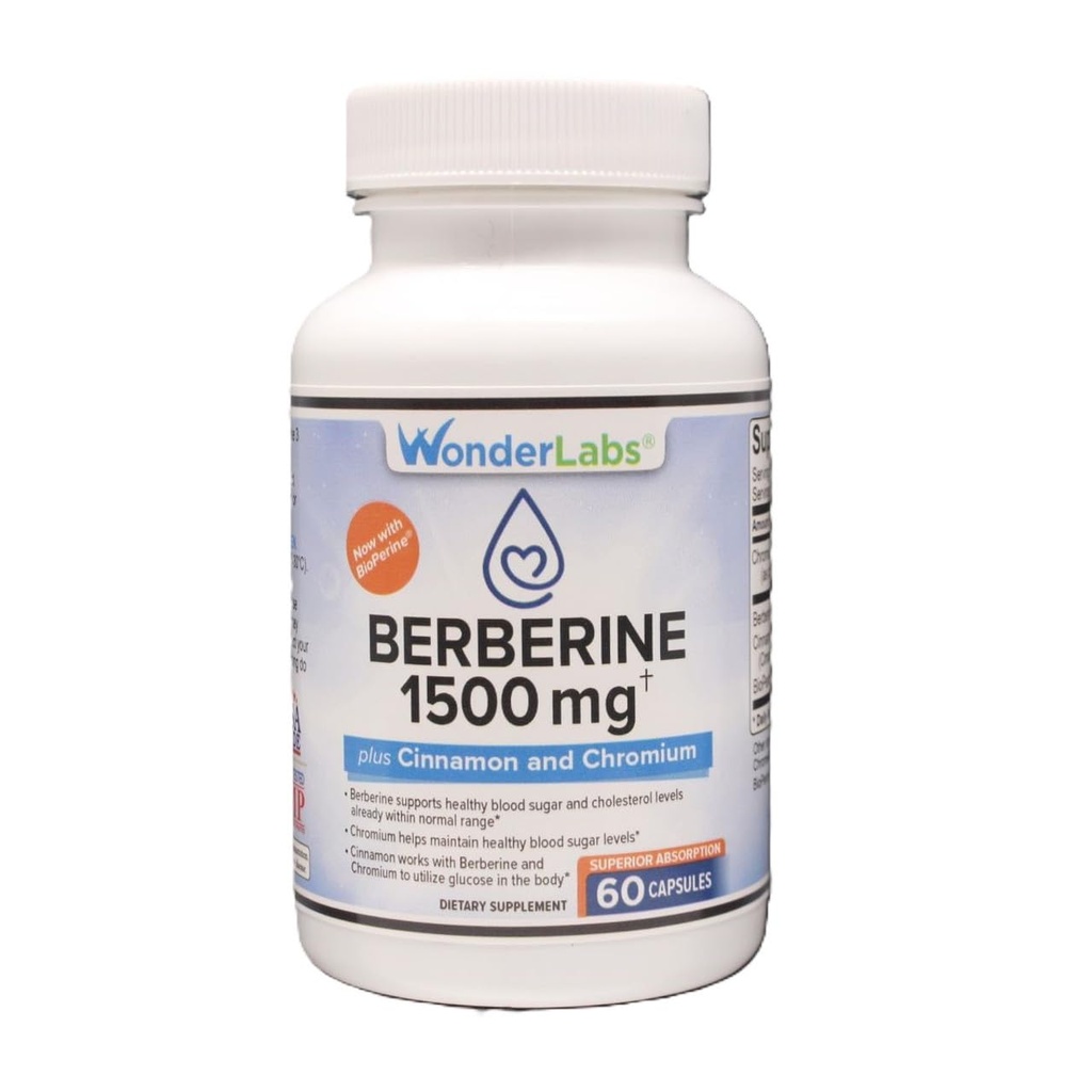Wonder Laboratories Berberine HCL 1.500mg + kanel, krom, & Bioperine vedligeholdelse for Glucose, hjerte & immunsystem Health Gluten & GMO Free - 60 kapsler
