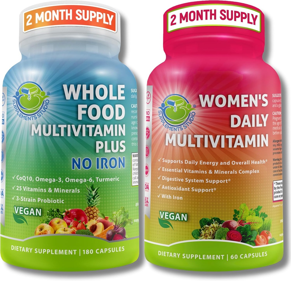 TILLÆG STUDIO Omfattende kvinders Multi- System Support Duo - Hele fødevarer Multivitamin uden jern + kvinders Daglige Multivitamin med jern - Vegan, Non- GMO, Clean Daily Wellness Support