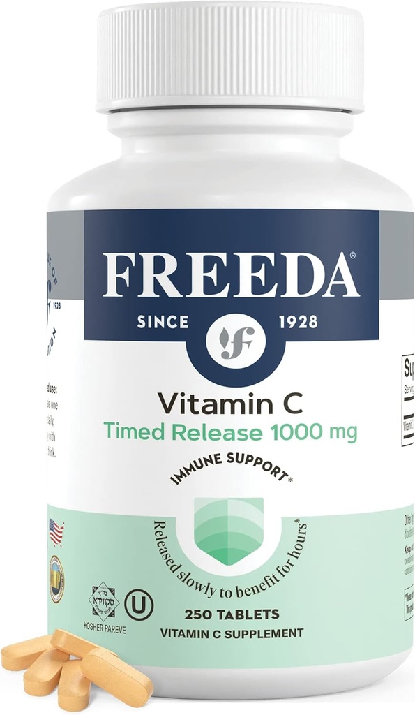 FREEDA C-vitamin - tidsfrigørelse 1000mg - slow- Release for All- Day immun- & antioxidant Support, Advarsel på Mave, Kosher & Vegan, High- Absorption Tablets (250 tabletter)