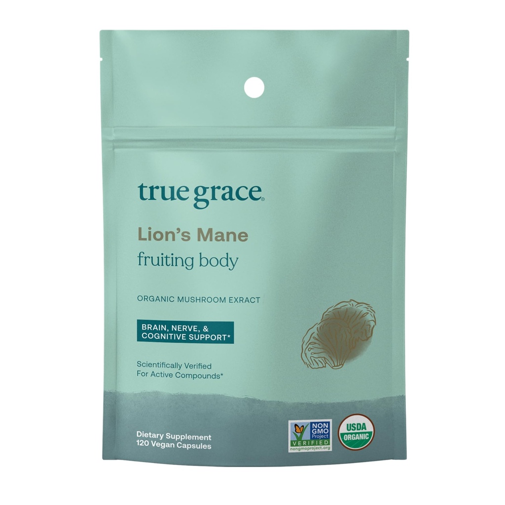 True Grace Mushroom Lions Mane Brain, Nerve & Kognitiv Support - 120 Count Capsules - Organic