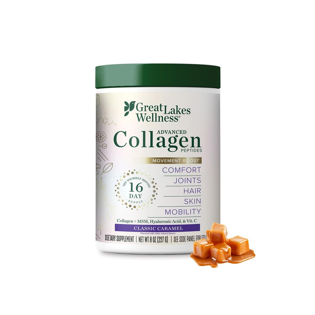 Great Lakes Wellness Movement Boost Advanced Collagen Peptider Powder med MSM, Hyaluronsyre, C-vitamin - fælles mobilitet & Comfort - Caramel Flavored - Non- GMO, Keto, Kosher - 8 oz