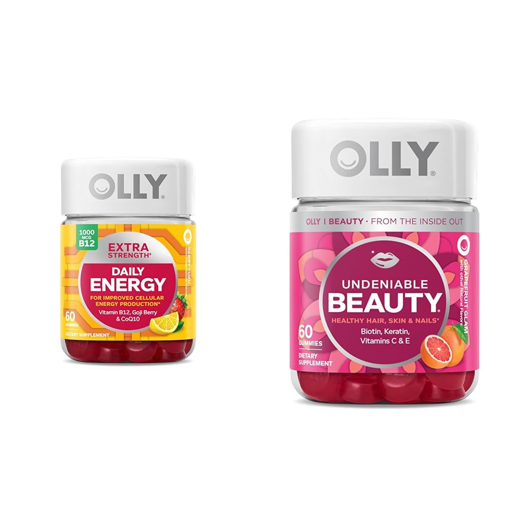 OLLY Extra Strength Daily Energy Gummy, Koffein Free, 1000mcg Vitamin B12, CoQ10, Goji Berry & Undeniable Beauty Gummy, for hår, hud, negle, biotin, C-vitamin, Keratin, Chewable Supplement