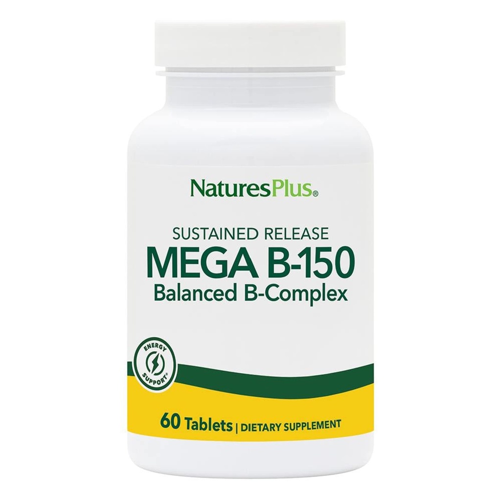 Natures Plus Mega B150 Complex, Sustained Release - 60 Vegetariske tabletter - Maksimal potens B Complex Vitamin Supplement - Gluten- Free - 60 Servere
