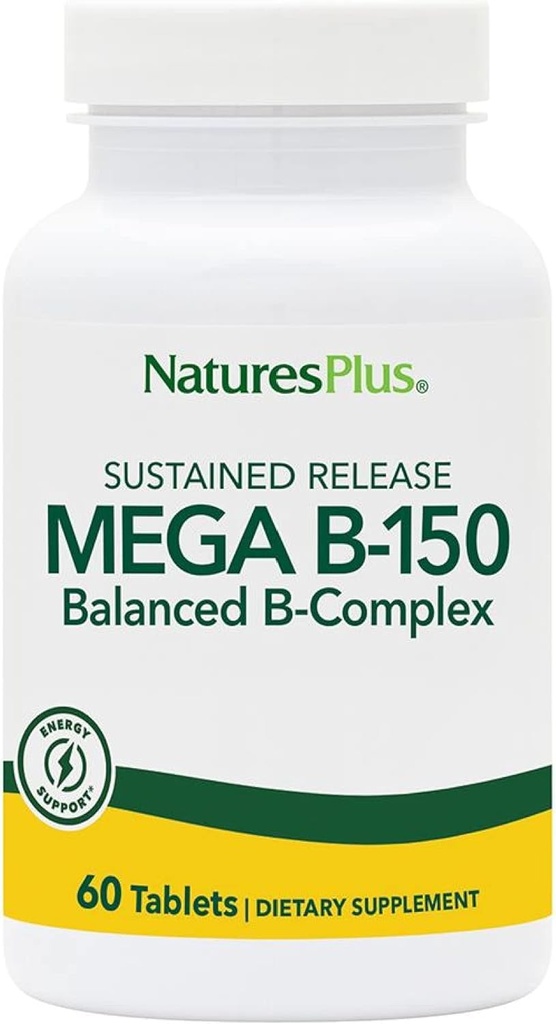 Natures Plus Mega B150 Complex, Sustained Release - 60 Vegetariske tabletter - Maksimal potens B Complex Vitamin Supplement - Gluten- Free - 60 Servere