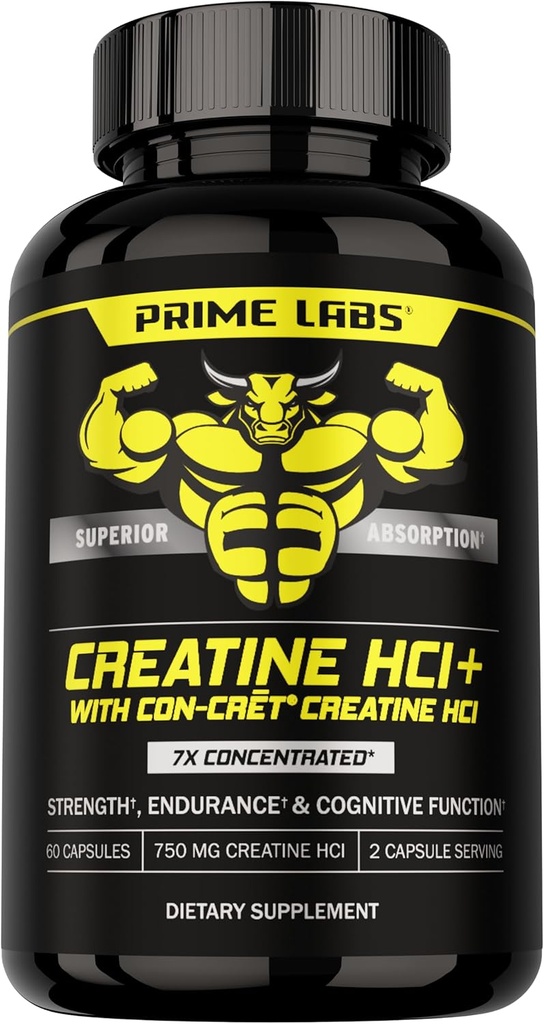 Prime Labs Creatinine HCl Kapsler - med CON- CREYT ®, Rhodiola Root Extract, & L- Theanine - Muskelstøtte, Endurance, Kognitiv funktion - for mænd og kvinder - 60 piller