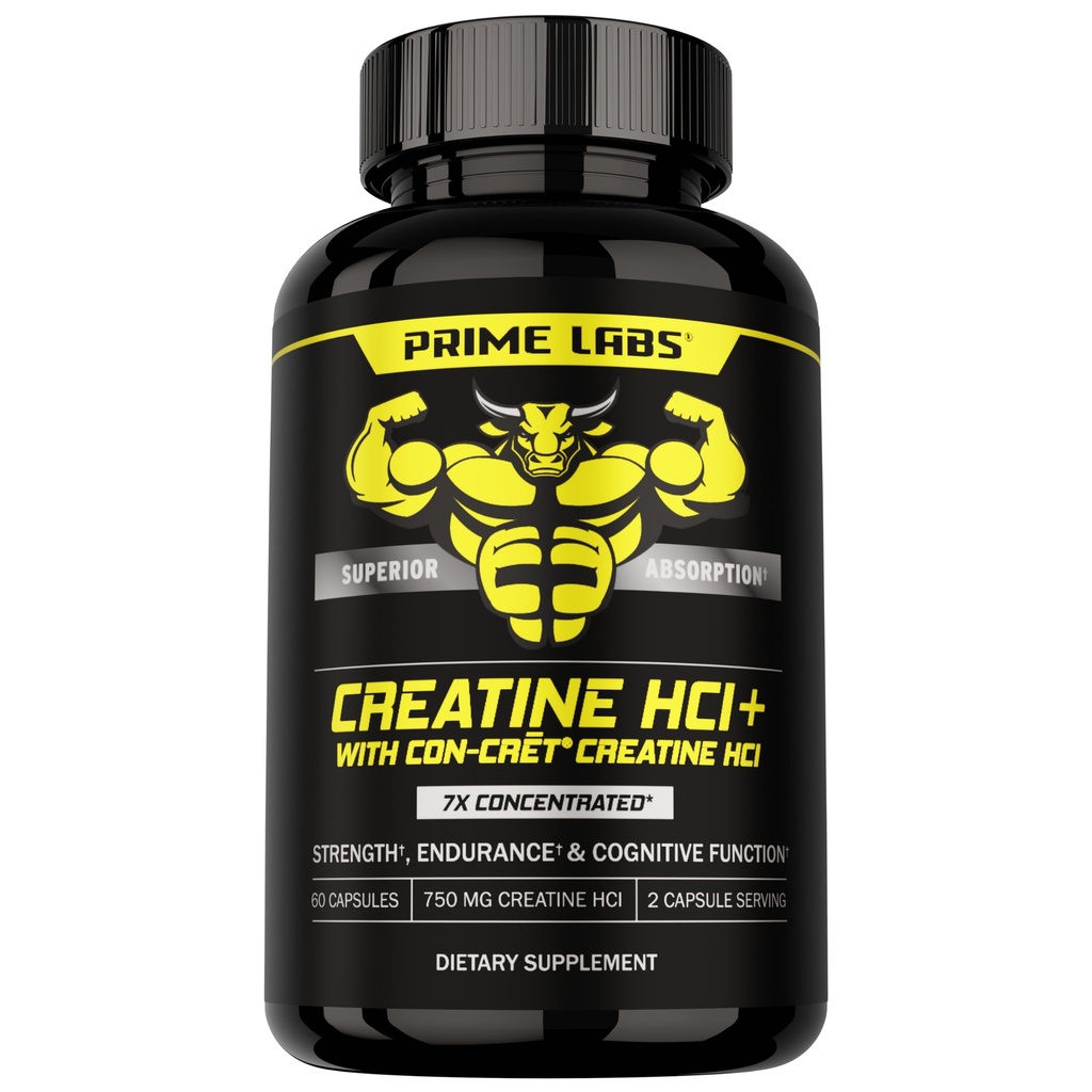 Prime Labs Creatinine HCl Kapsler - med CON- CREYT ®, Rhodiola Root Extract, & L- Theanine - Muskelstøtte, Endurance, Kognitiv funktion - for mænd og kvinder - 60 piller