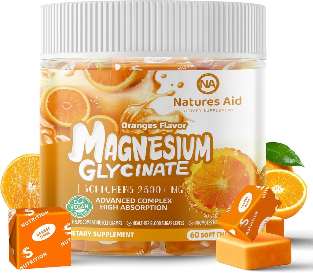 Magnesium Glycinat Soft Chews Supplement, Chewable Sugar Free Kalium Magnesium Chews med Magnesium Glycinate, D-vitamin, B6, og CoQ10 for rolig støtte og søvn for voksne, 60 dages forsyning-Orange
