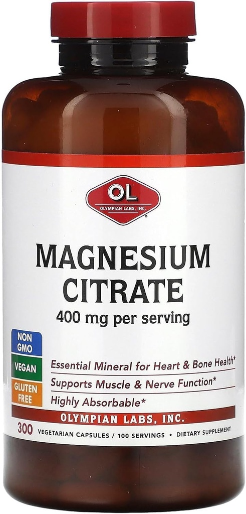 Olympian Labs Magnesium Citrate 400mg - 300 kapsler - Easy Absorbable, Support Sunde Knogler, Sund Hjerte og Calcium Absorption