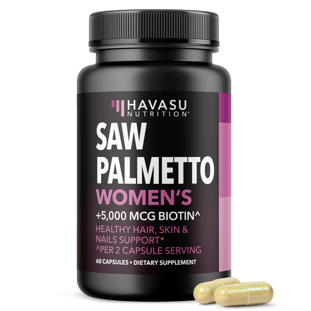 Saw Palmetto for kvinder med Biotin 5000mcg - Kraftfuld DHT Blocker til støtte hår, hud, og nail sundhed - 60 Greve - Vegan, Non- GMO Vitamin til stærkere, Fuller Looks - 1 Måned Supply