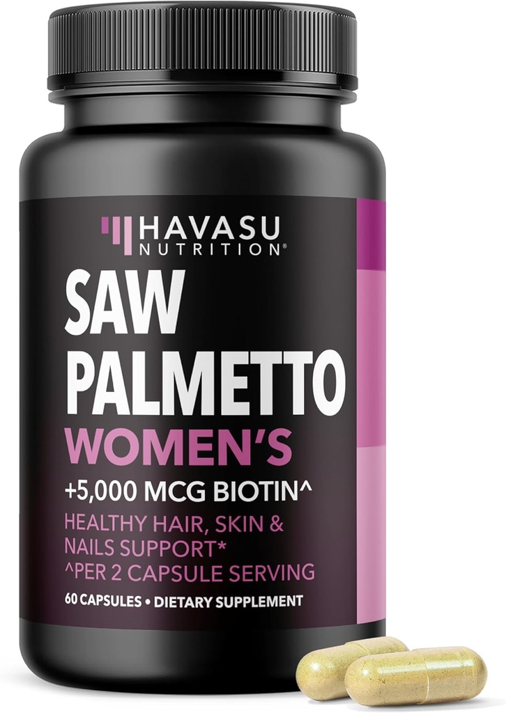 Saw Palmetto for kvinder med Biotin 5000mcg - Kraftfuld DHT Blocker til støtte hår, hud, og nail sundhed - 60 Greve - Vegan, Non- GMO Vitamin til stærkere, Fuller Looks - 1 Måned Supply