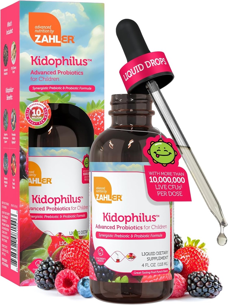 Zahler - Kidophilus Liquid Drops Probiotika til børn (4 Fl Oz) Certificeret Kosher Kids Probiotika til sund fordøjelse & immunstøtte - Frugt Punch Flaged Børns Probiotiske Drops supplement