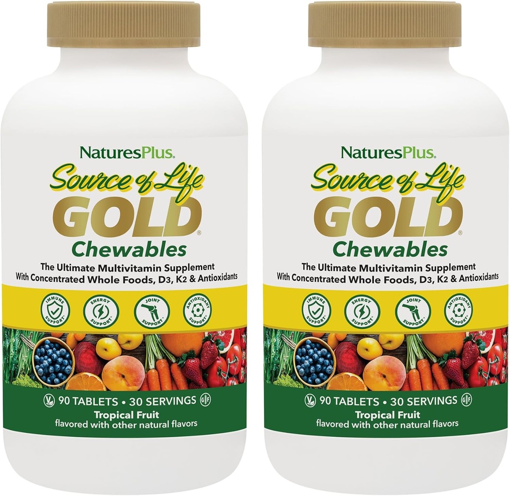 NaturesPlus Kilde til liv guld Multivitamin - 90 tyggetabletter, pakke med 2 - med vitaminer D3, B12, K2 & mere end 120 hele fødevarer - blod, ben og immunforsvar - Gluten Free - 60 Total Servering