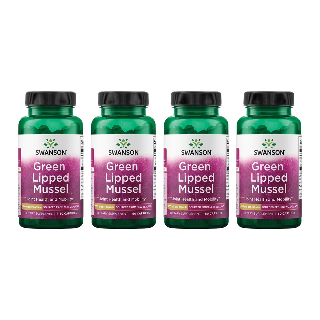 Swanson Green Lipped Mussel (Freeze- Tørret) - New Zealand Joint Health & Mobility Supplement - Natural Formel May Support Heart Health & fordøjelsesfunktion - (60 kapsler, 500mg Hver) (4 Pack)