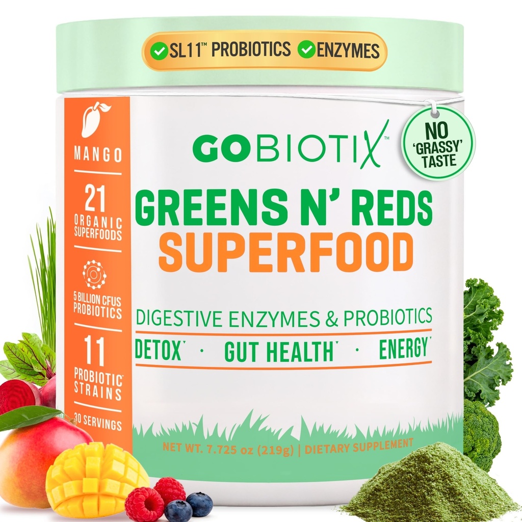GOBIOTIX Super Green and Red Powder - Rød og grøn superfood - Probiotisk supplement - fordøjelsesenzymer og root pulver - Organic Whole Foods Kosttilskud (Mango, 1 Pack)