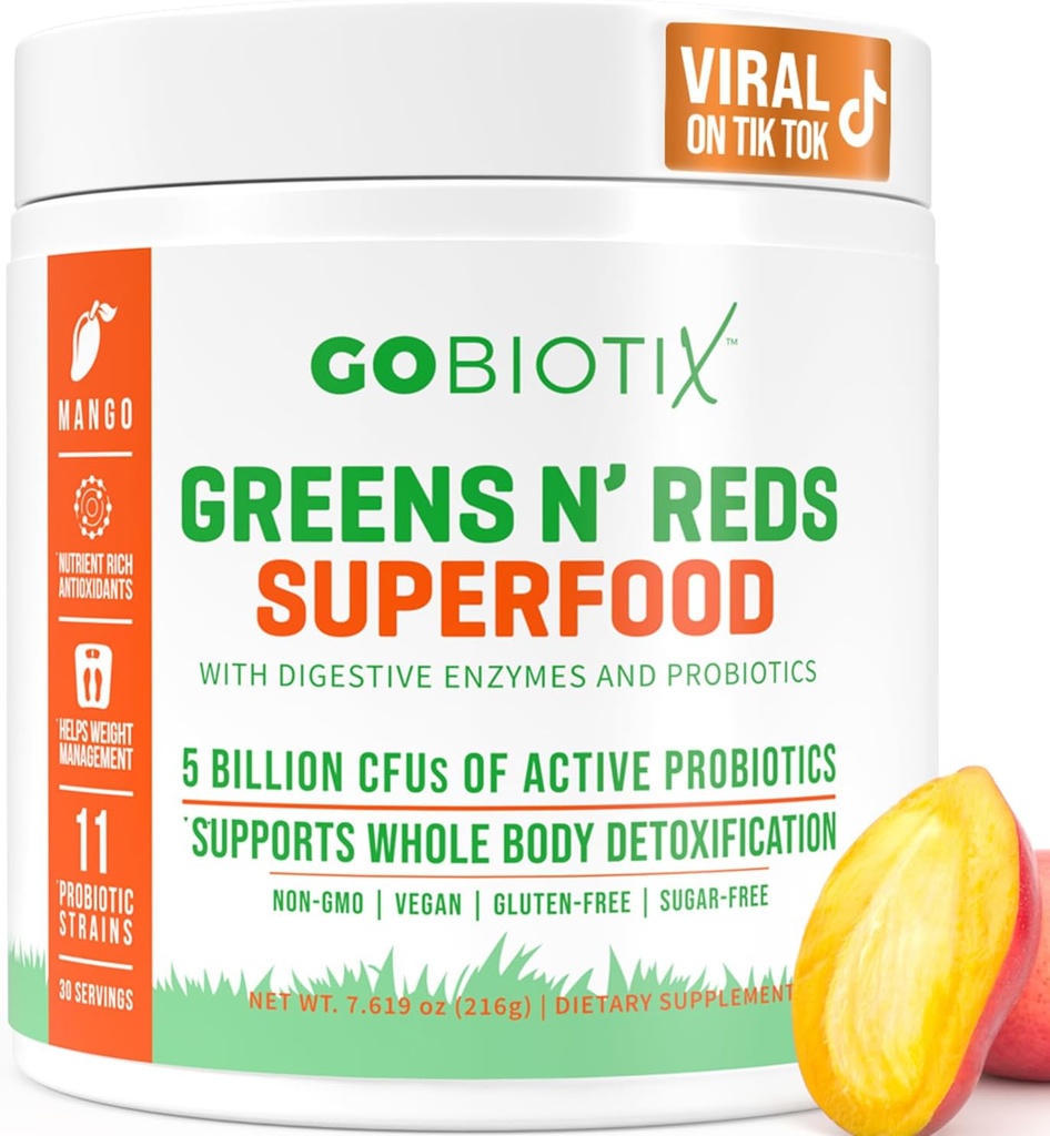 GOBIOTIX Super Green and Red Powder - Rød og grøn superfood - Probiotisk supplement - fordøjelsesenzymer og root pulver - Organic Whole Foods Kosttilskud (Mango, 1 Pack)