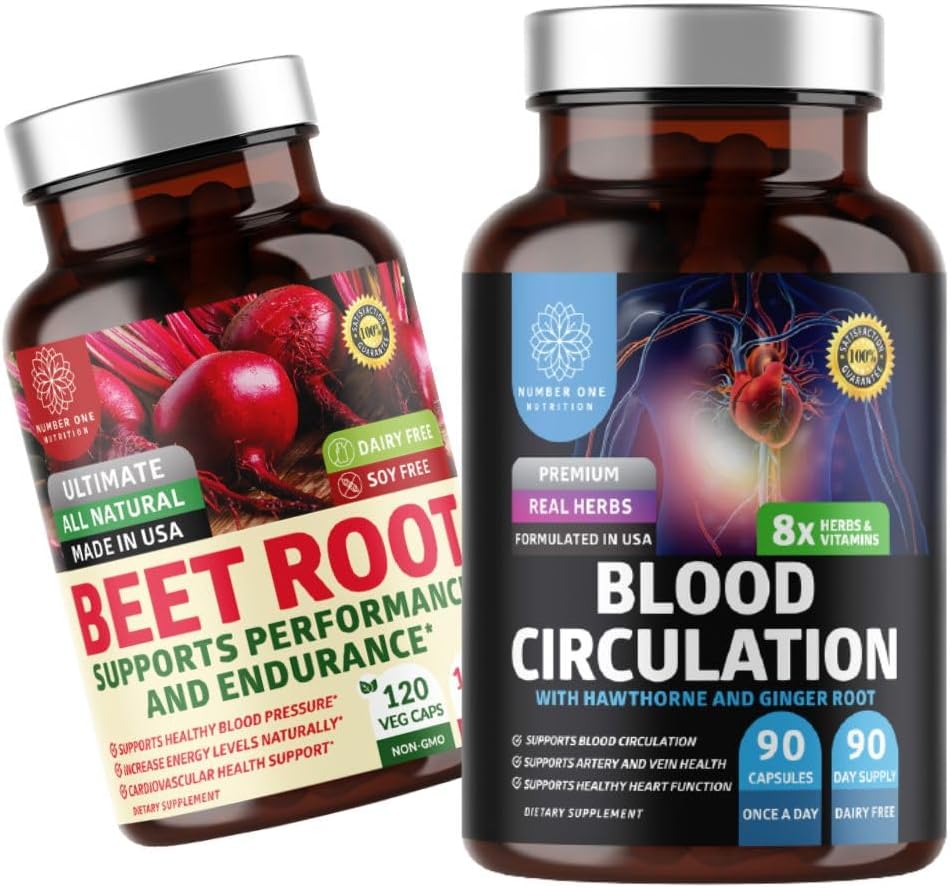 N1N Premium blodcirkulation supplement [8 kraftfulde urter & vitaminer] og Organic Beet Root Kapsler, 1300mg til at støtte hjerte sundhed, blodcirkulation, og blodtryk, 2 Pack Bundle