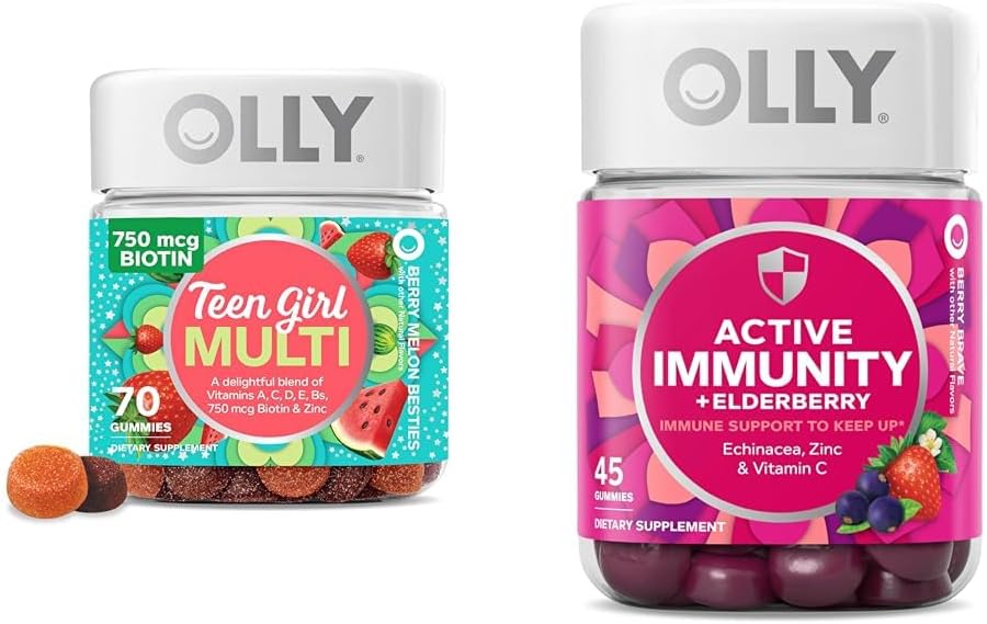OLLY Teen Girl Multi Gummy, sund hud og immunforsvar, 15 essentielle vitaminer, 70 Grev Gummy Aktiv Immunitet + Elderberry, 45 Gummies, Berry Flavor