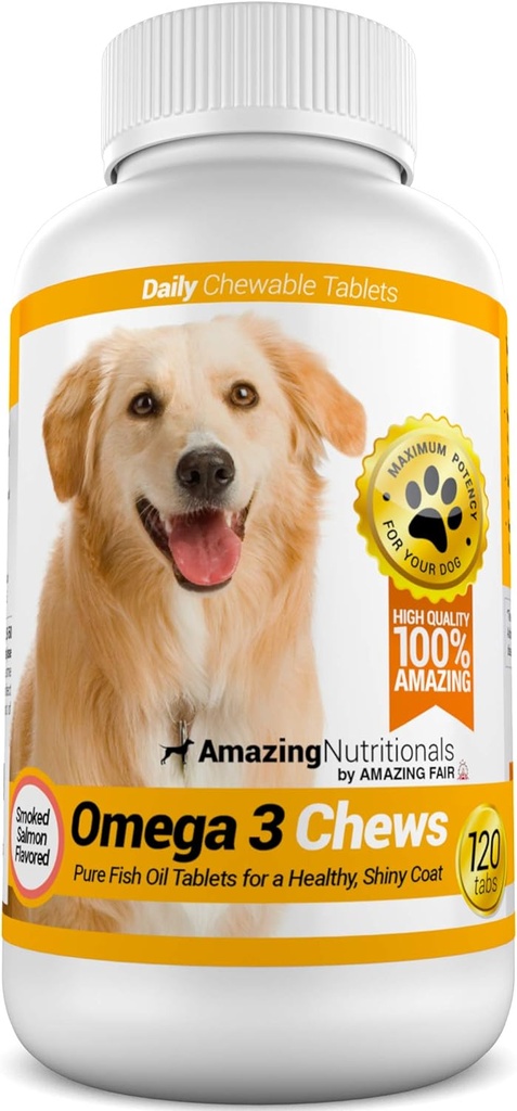 Amazing Omega 3 for Dogs - Omega 3 Fish Oil for Dogs Supplement for Itchy Skin Relief for Dry Skin and Hot Spots and Shedding Coat with EPA and DHA Fatty Acids - 120 Salmon Flavor Chews