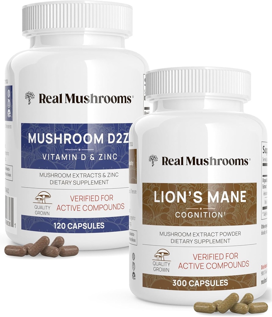 Real Mushrooms Vitamin D2, Zink, Chaga, Reishi (120ct) og Lion 's Mane (300ct) Bundle - Immunitet og kognitiv støtte, Chelated Zink for Forbedret Absorption - Vegan, Gluten fri, Non- GMO