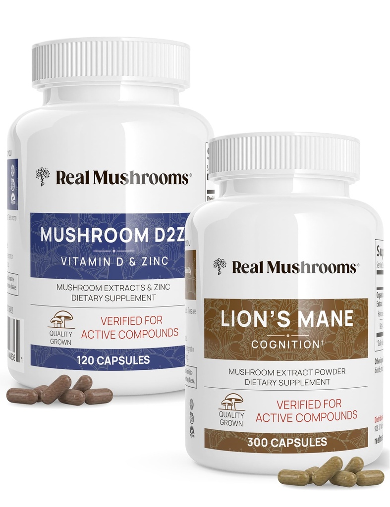 Real Mushrooms Vitamin D2, Zink, Chaga, Reishi (120ct) og Lion 's Mane (300ct) Bundle - Immunitet og kognitiv støtte, Chelated Zink for Forbedret Absorption - Vegan, Gluten fri, Non- GMO
