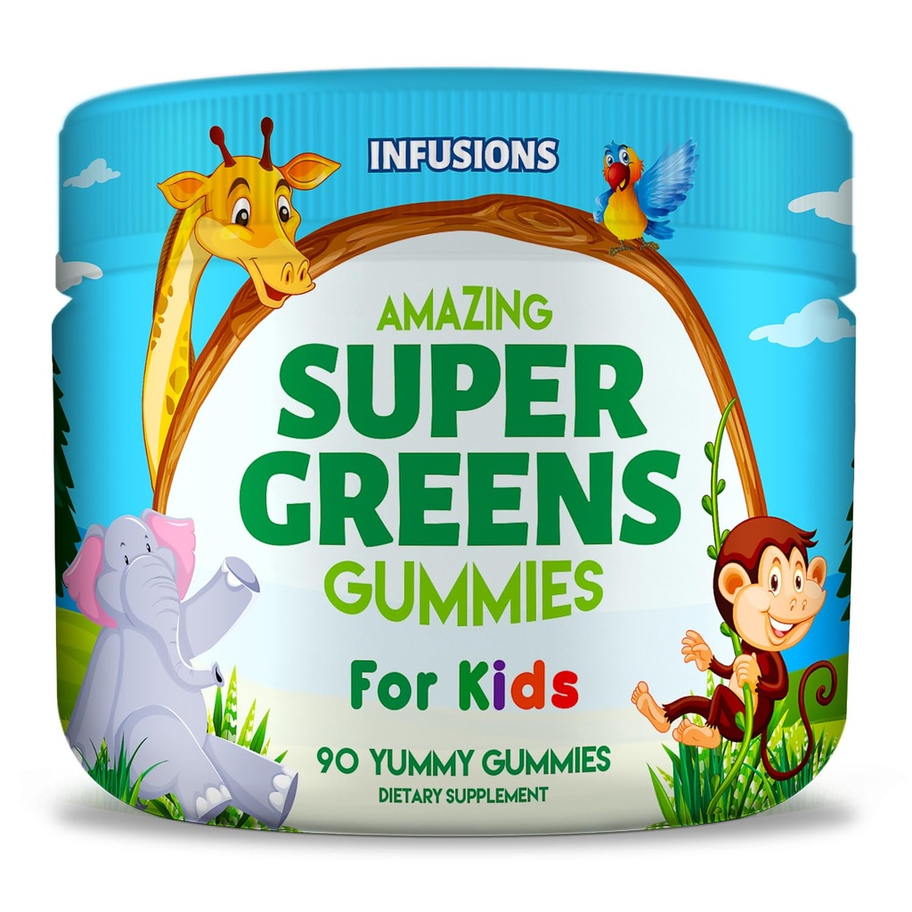 Infusioner Super Green Gummies for Kids 90 Count Superfood Booster Soft og lækker 8 kraftfulde blends Vegan Friendly Gluten Free & Non- GMO