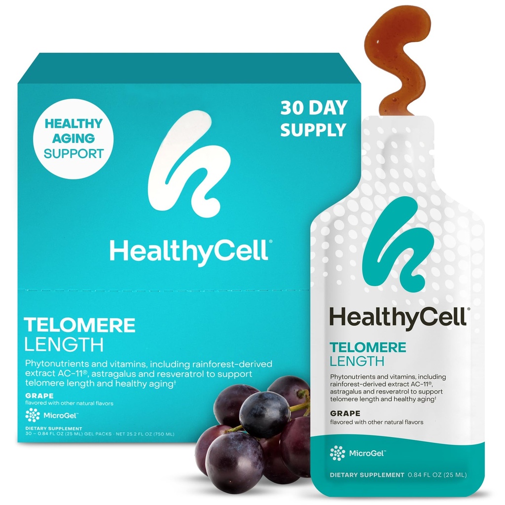 HealthyCell Telomere Længde Supplement - Anti- Aging Telomere Lengering Kosttilskud med Phytonutrients & Vitaminer til Cellular Health - AC- 11, Astragalus & Resveratrol - 30 Gel Packs, Grape Flavored