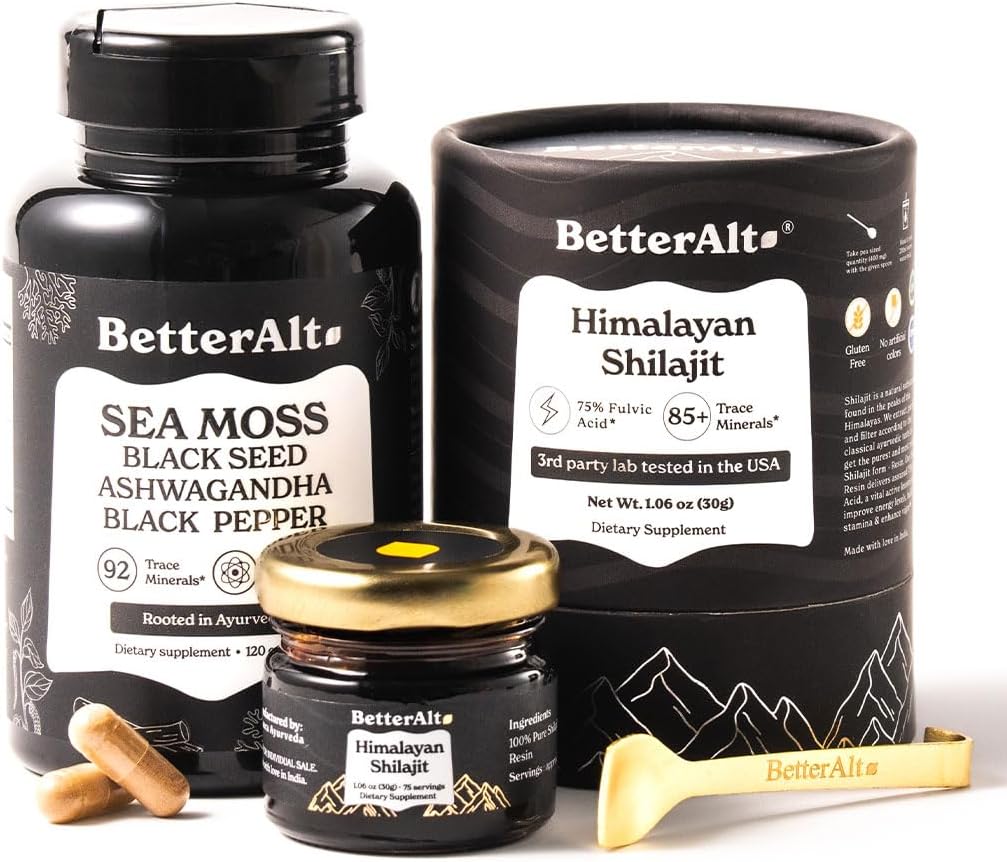 Bedre Alt Shilajit Resin 30 gm & Sea Moss Capsules Energy Duo Note 124; Pure Himalayan Shilajit Gold Grade for mænd og kvinder med høj potens & Irish Sea Moss med Black Seed Oil