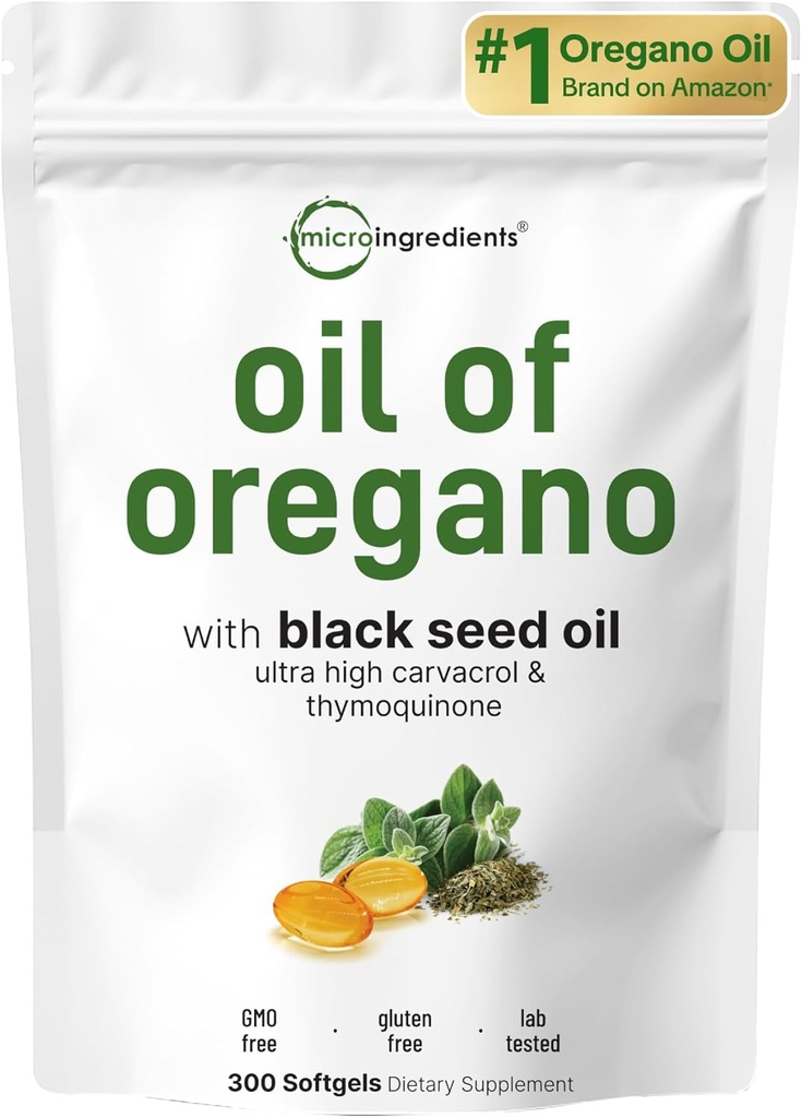 Micro Ingredients Oil of Oregano Softgels, 300 Count | 2 in 1 Formulated with Black Seed Oil, 4X Strength Carvacrol & Thymoquinone | Plant Based, Non-GMO, & Immune Support