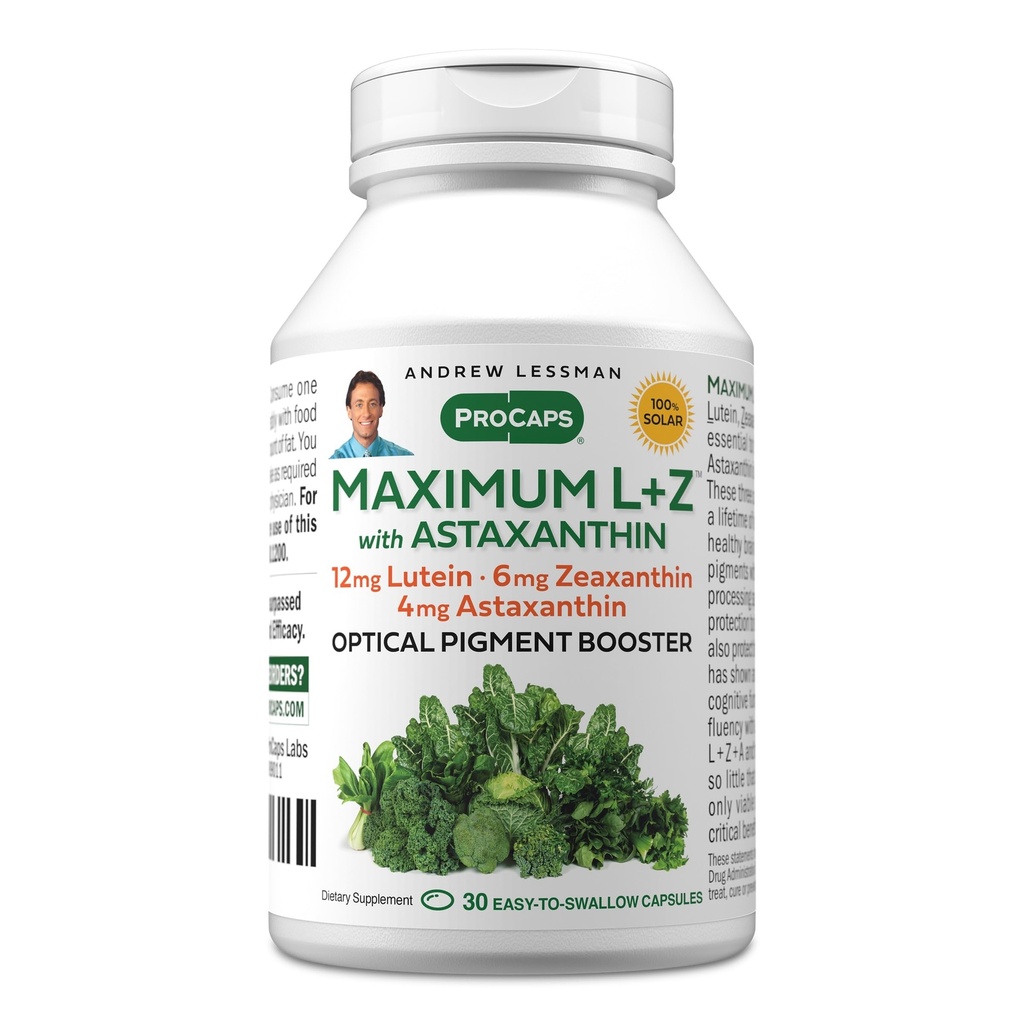 ANDREW LSSMAN Maksimum L + Z med Astaxanthin 30 Softgels - 12 mg Lutein, 6 mg Zeaxanthin, 4 mg Astaxanthin. Nøglenæringsstoffer til støtte øje og hjerne sundhed, og fremme sund vision.